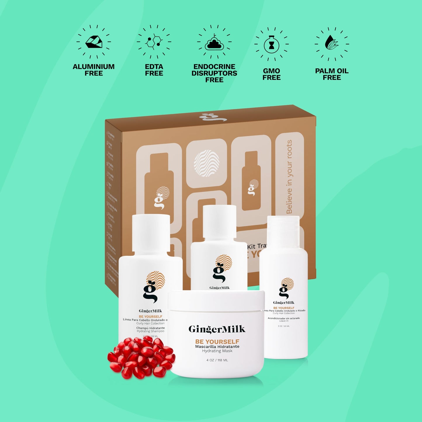 GINGER MILK Curly Hair Travel Set | Curly Method Kit with Shampoo, Hair Mask, Leave-In & Curl Defining Gel + Free Travel Bag | Nourishes, Hydrates & Controls Frizz – TSA Approved Sizes | Be Yourself