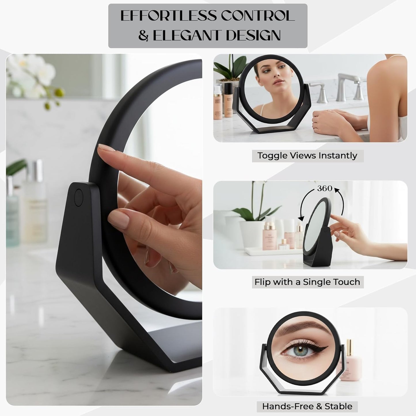 Round Soft Touch Vanity Mirror - 1X/10X Magnifying Black Matte Makeup Mirror | Portable Tabletop & Desk Use