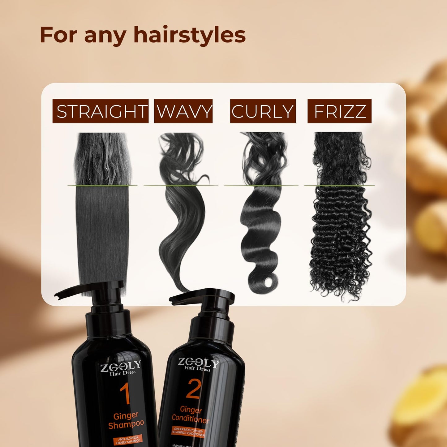 ZOOLY PROFESSIONAL Ginger Shampoo and Conditioner Sets 20.3 Fl Oz- Anti Hair Loss and Nourishes Hair Roots, Salon Level Scalp Care for Men and Women