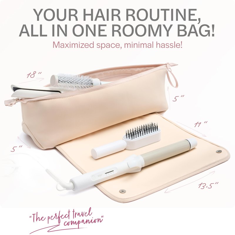 Aerotrunk Hair Tools Organizer - Hot Hair Tools Travel Bag with Heat Resistant Mat, Large Capacity Pouch for Flat Irons, Curling Wands, Hair Dryers - Beige