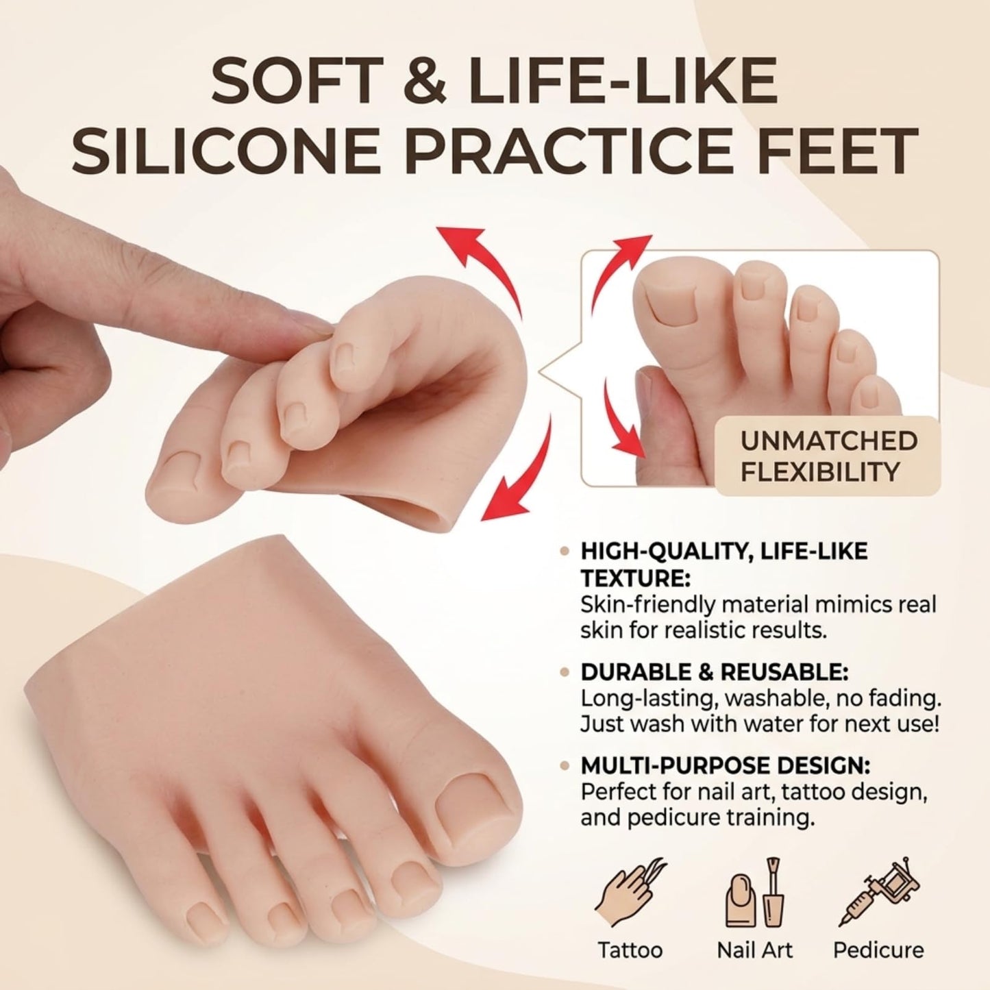 Nail Art Training Foot 1 Pair Fake Half Foot for Pedicure Practice, Soft Wear Resistance Silicone Practice Foot Pedicure Tattoo Practice Silicone Foot Model Acrylic Nails