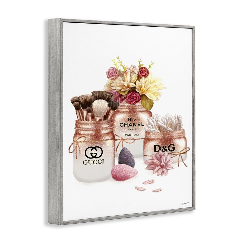 Stupell Industries 'Fashion Cosmetic Jars and Floral Bouquet', Framed Giclee Art, Gray, 11 x 14 Inches, Easy to Hang and Sturdy, Made in USA, by Ziwei Li