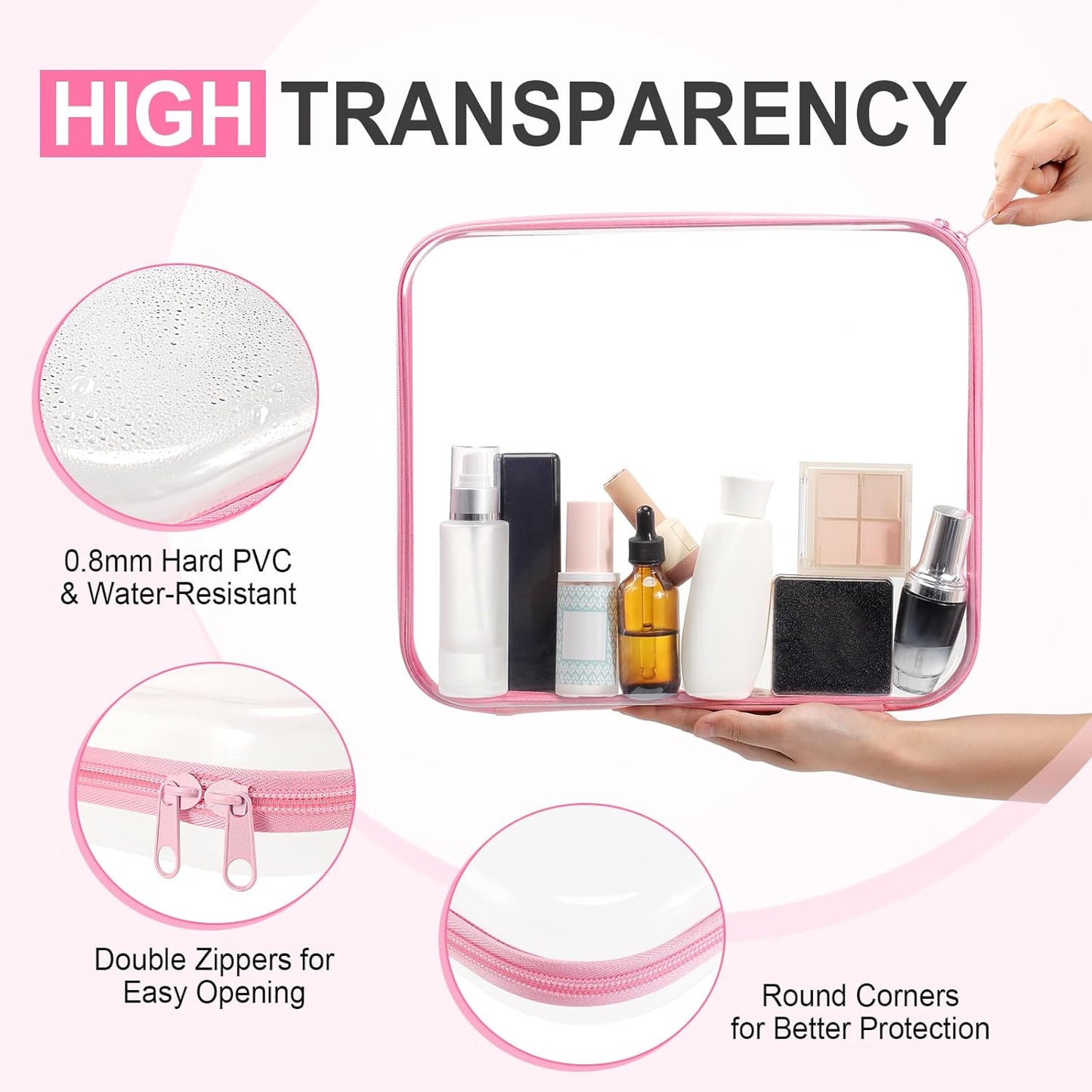 Clear Zipper Makeup Bags - 4 Pcs Hard Plastic Storage Pouches for Cosmetics & Snacks | 13.8 x 11.8 x 2 in, Multicolor