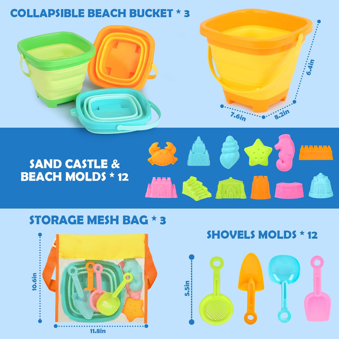 Dreamon Beach Toys for Kids 3-10, Collapsible Sand Toys Include 3 Pack Foldable Buckets with Mesh Bag, 24 PCS Beach Mold and Shovels Molds, Travel Sandbox Beach Toys for Toddler