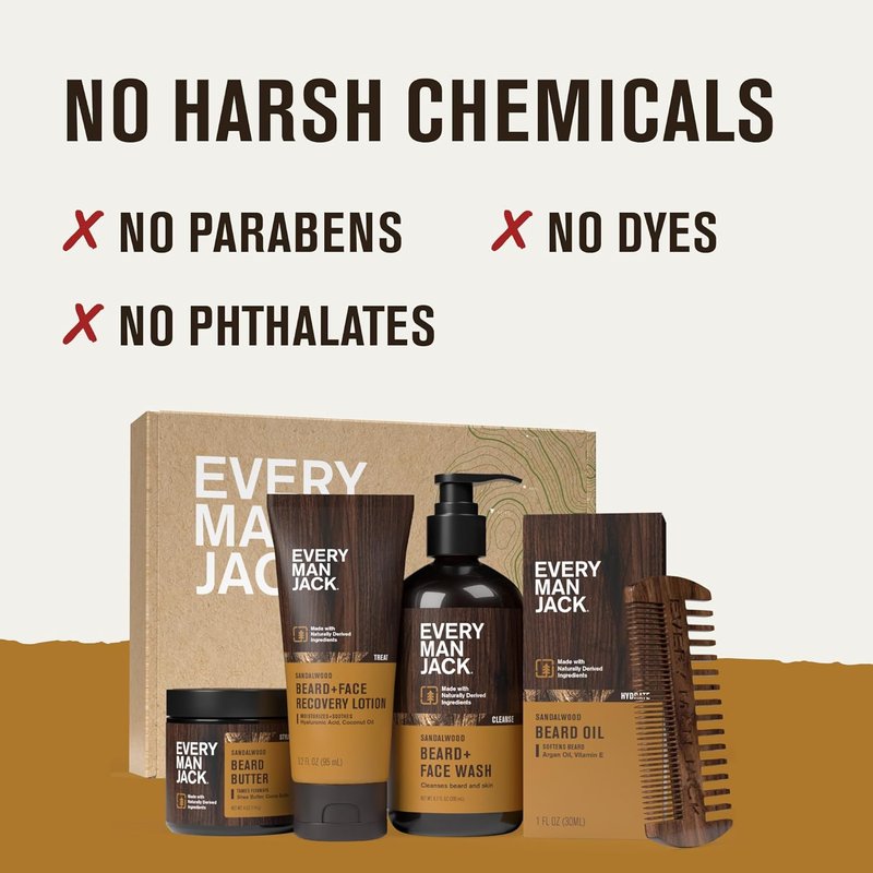Every Man Jack Beard Essentials Gift Set - Complete 5-Piece Routine | Sandalwood Scented Beard Care Kit