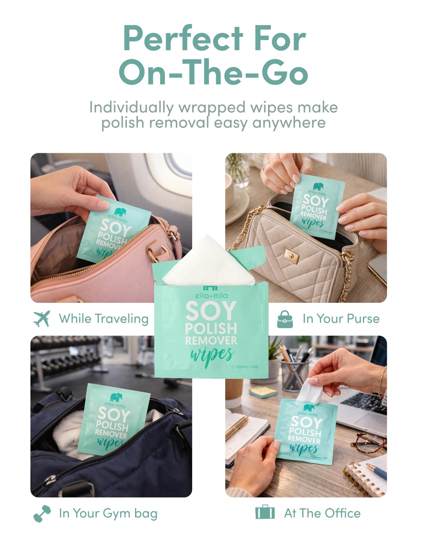 ella+mila Soy Nail Polish Remover Wipes - Non-Acetone, Non-Toxic Fingernail Polish Remover Pads - Travel Size, Individually Wrapped, Lint Free - Enriched with Vitamins (12 Pack)
