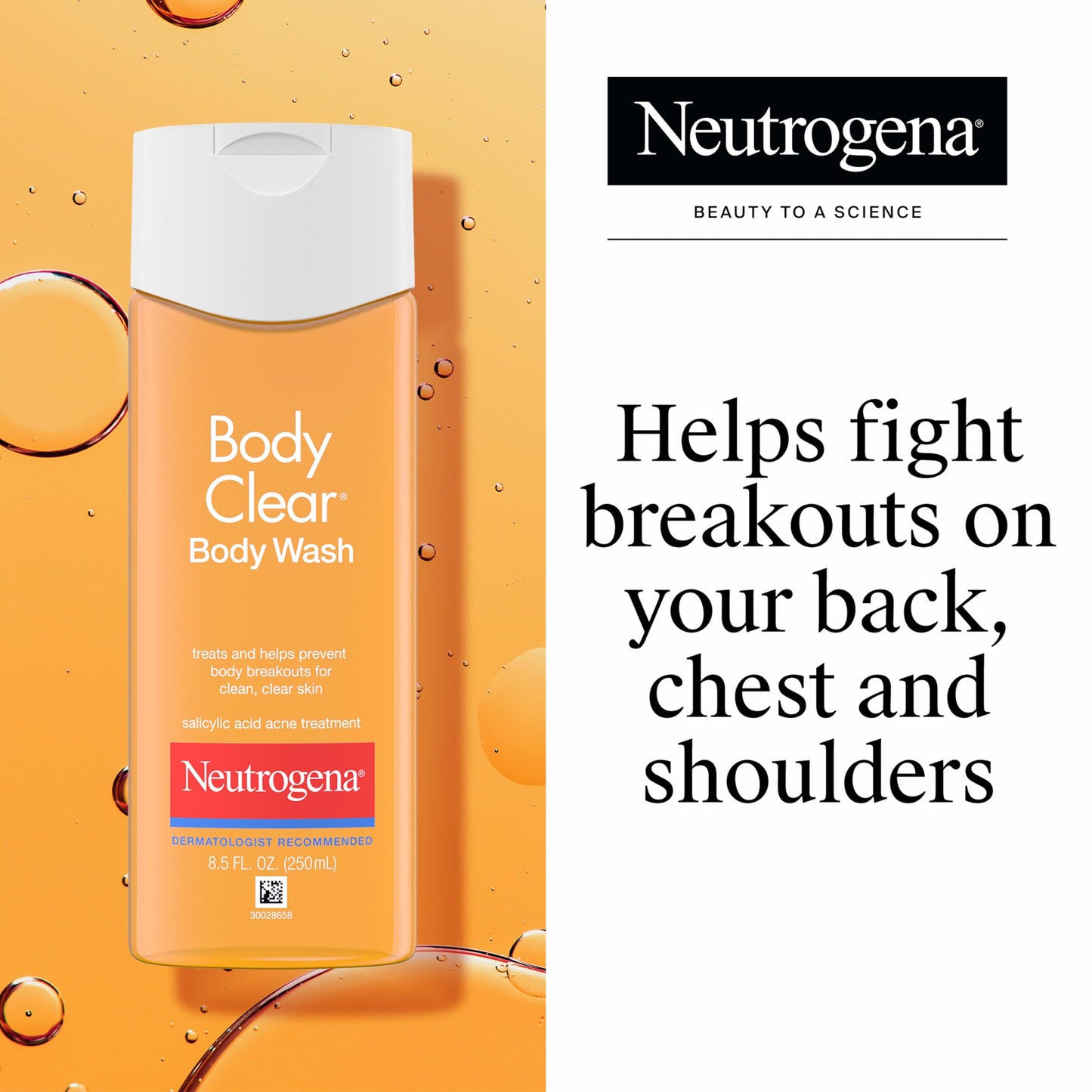 Neutrogena Body Clear Acne Body Wash, 2% Salicylic Acid Acne Medication, Oil-Free & Glycerin for Breakouts on Back, Chest & Shoulders, Non-Comedogenic, Gentle on Skin, Unscented, 8.5 Fl Oz, 3 Pack