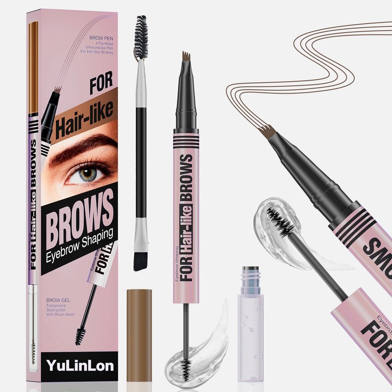 YuLinLon 2-in-1 Eyebrow Pen and Gel, 4-Tip Head Ultra-Precise, Hair-Like Strokes, 5 Natural Shades, Waterproof Brow Shaping Kit (03# DARK BROWN)