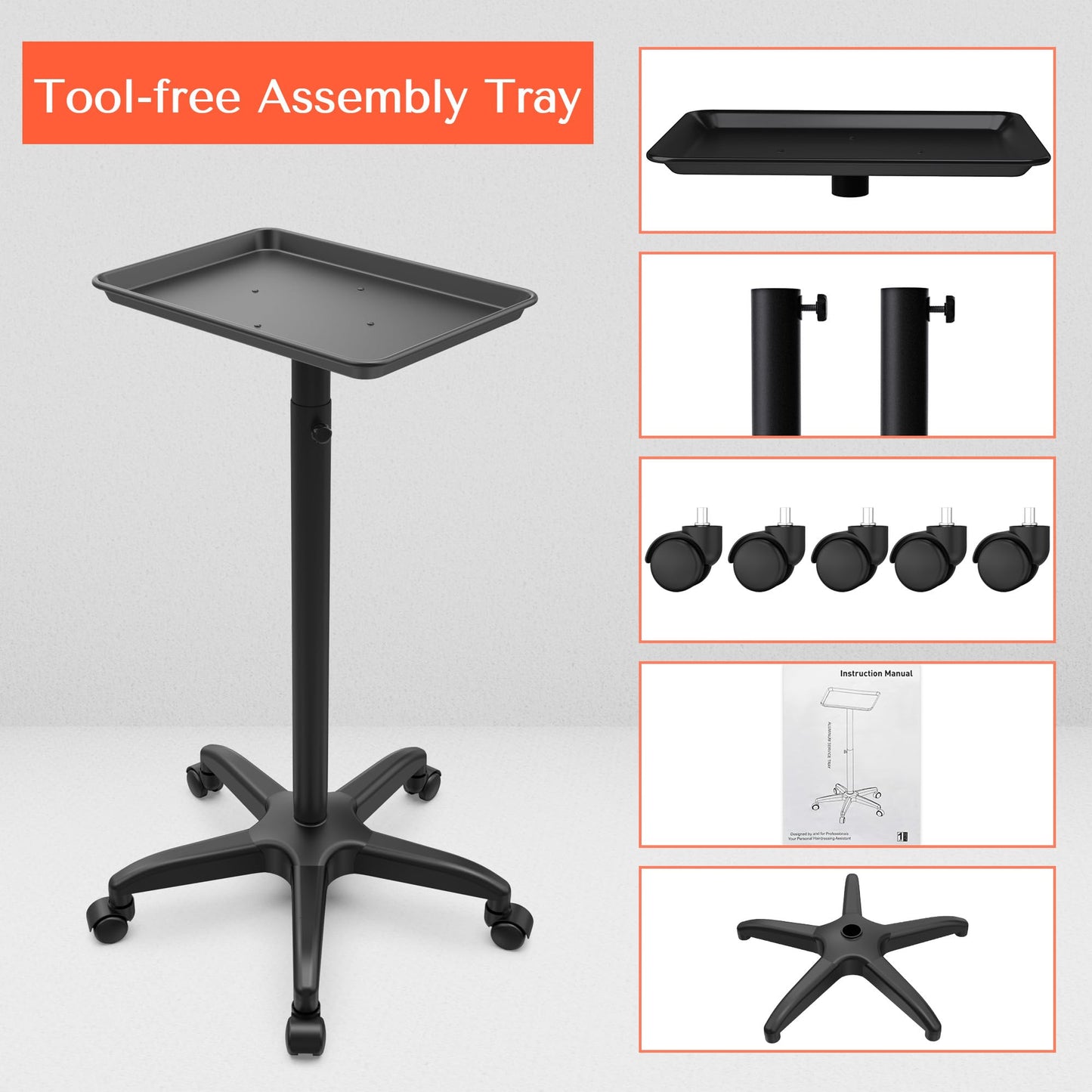 TASALON Salon Tray on Wheels Adjustable Salon Service Rolling Tray Hairstylist for Dental, Hairdresser Cart with Wheels Aluminum Rolling for Hairstylist, Sap, Medical