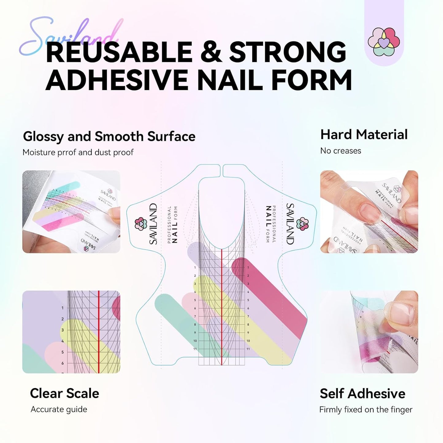 SAVILAND Plus Nail Forms - Reusable Sticky Nail Extension Forms for Builder Gel & Acrylic | Precise Length Guide