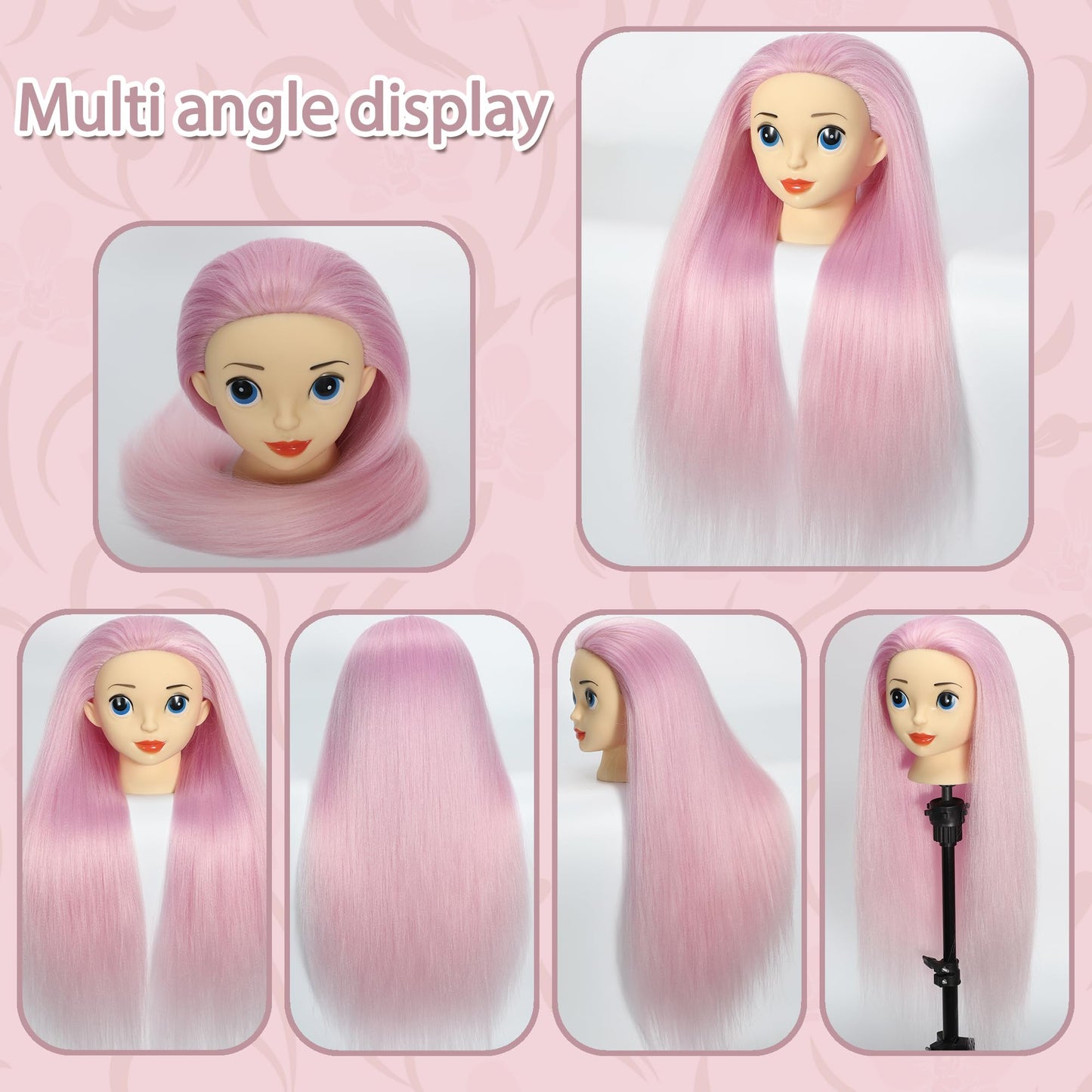 TKIMHEQ Mannequin Head with Hair 24'' Doll Head for Hair Styling Training Head Manikin Practice Cosmetology Doll Head Styling Hairdressing Training Braiding Heads with Clamp Holder (Ombre Pink)