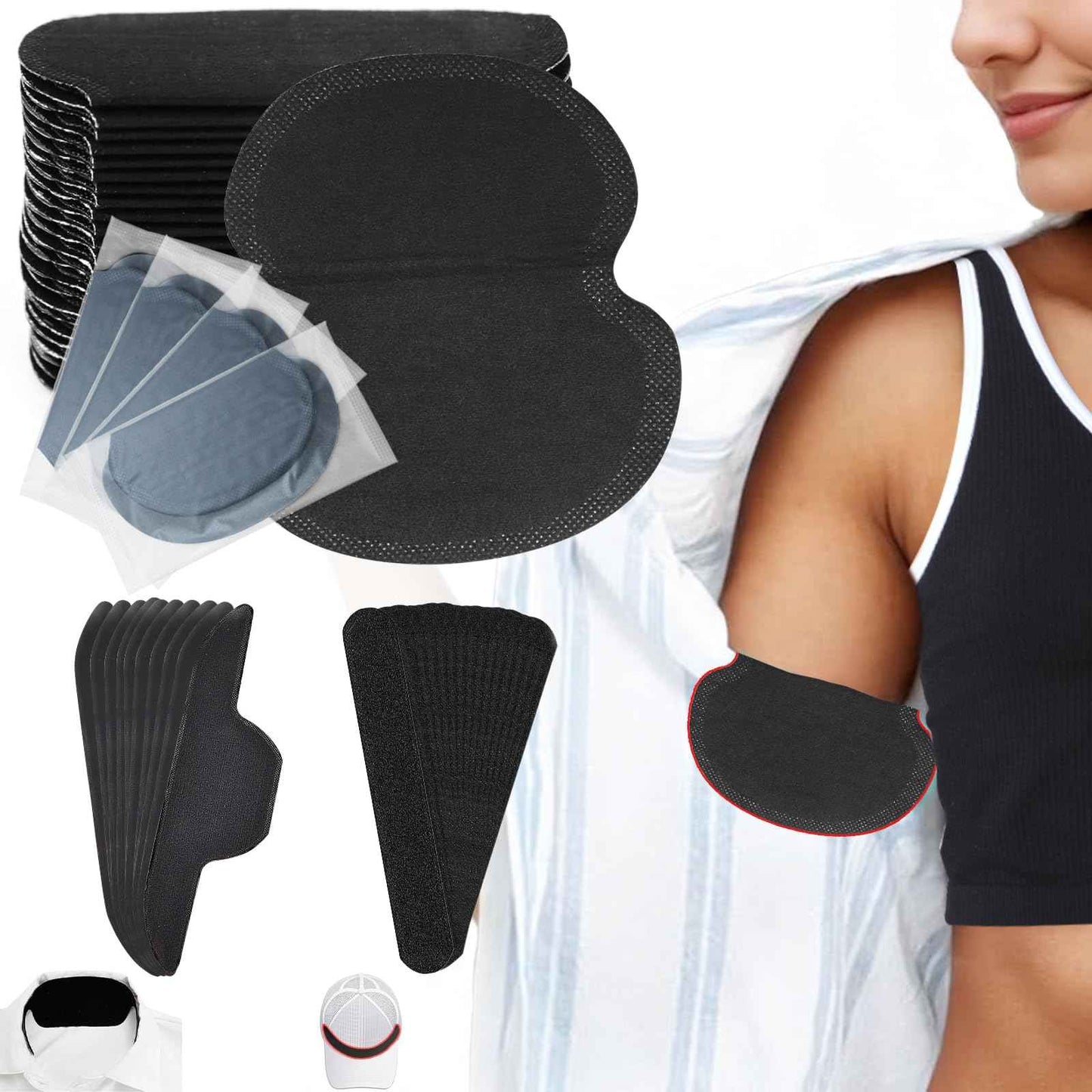 140Pcs Black Sweat Pads for Under Arms, Hat Sweat Liner, Shirt Collar Protection, Large Armpit Sweat Pads for Women, Disposable Underarm Sweat Pad (1Pack/100P+20P+20P)