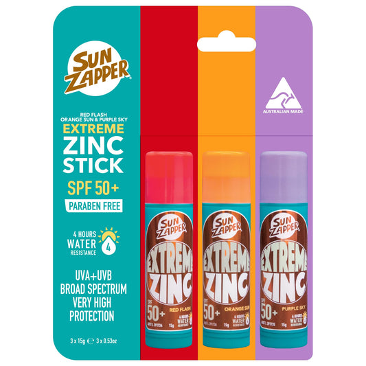 Sun Zapper Extreme Zinc Sunscreen Stick 3-Pack SPF 50+ Red Orange Purple – Colored Water Resistant Mineral Sunscreen Sticks for Face, Surf Sunblock, 15g (0.53 oz) Each, Australian Made