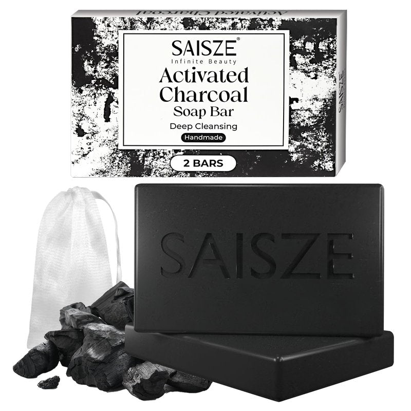 SAISZE Activated Charcoal Soap Bar for Acne and Oil Skin, Natural Black Soap for Face and Body Paraben and Sulfate-Free, 8 Ounce