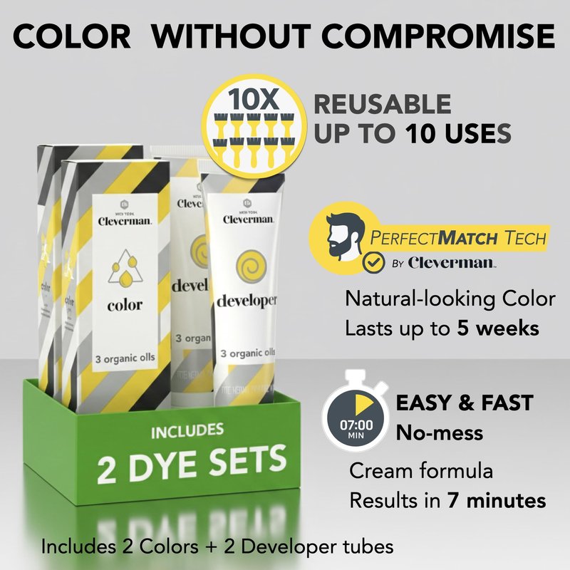 2X Reusable Hair & Beard Dye for Men – Dark Blond 7.01 | Up to 10 Uses, 7 Minutes | Natural Gray Coverage, No-Drip Cream with SkinArmour® – Cleverman