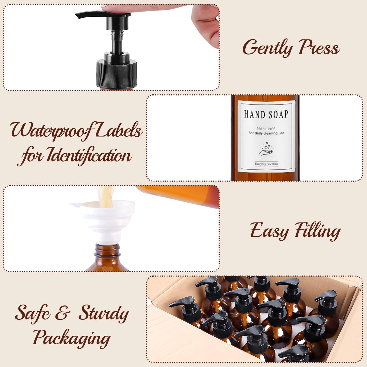 12 Pack Amber Glass Bottles 8oz with Pump Dispensers, Refillable Empty Pump Bottles for Bathroom, Kitchen, Shampoo, Soap, Lotion – Includes 2 Funnels & 12 Labels