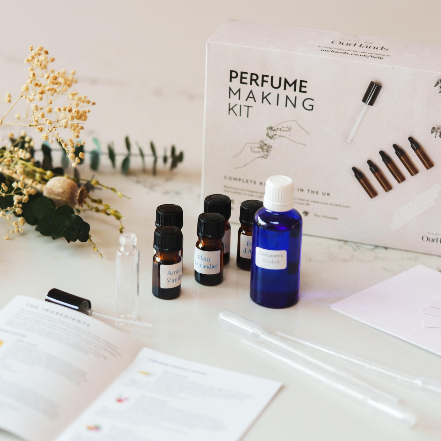 OurHands Perfume Making Kit Create Your Own Signature Perfume with 5 Premium Fragrance Oils, Perfumer’s Alcohol, Reusable Glass Atomiser, and Custom Naming Stickers