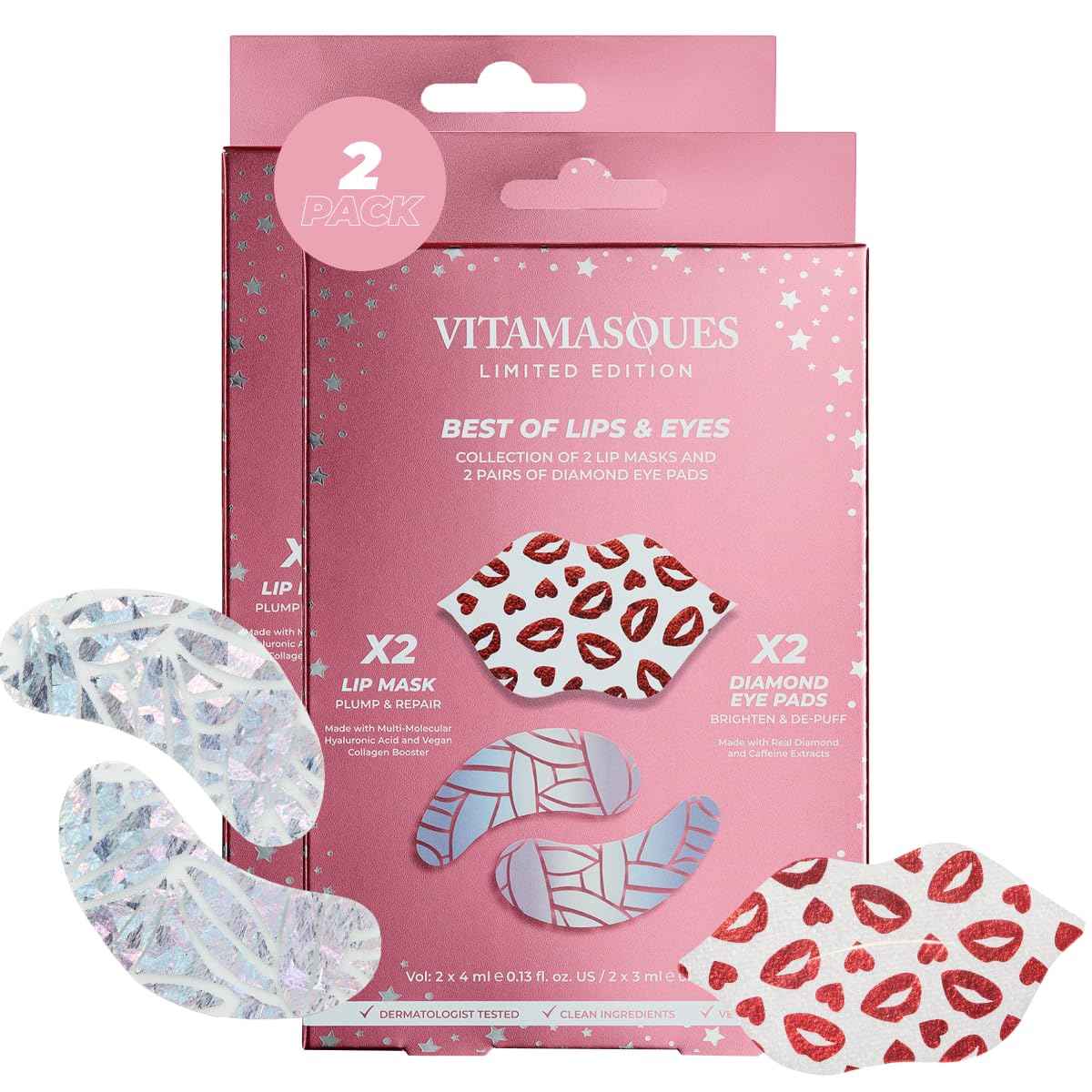 Vitamasques Under Eye Patches & Lip Mask Sheets, Best of Eyes & Lips Set 2 Packs - Eye Patches for Puffy Eyes - Under Eye Masks for Dark Circles and Puffiness - 2 x 4 Packs - 8 Pads