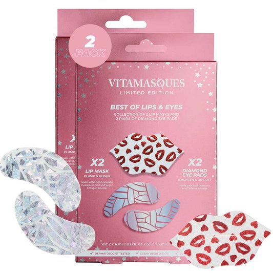 Vitamasques Under Eye Patches & Lip Mask Sheets, Best of Eyes & Lips Set 2 Packs - Eye Patches for Puffy Eyes - Under Eye Masks for Dark Circles and Puffiness - 2 x 4 Packs - 8 Pads