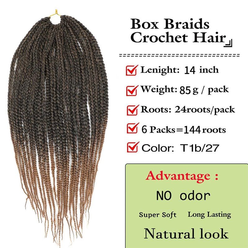 YUSSAY Crochet Box Braids 14 Inch 6 Packs 144 Strands Goddess Box Braids Crochet Hair Pre looped Crochet Hair for Black Women (14 Inch 1B)
