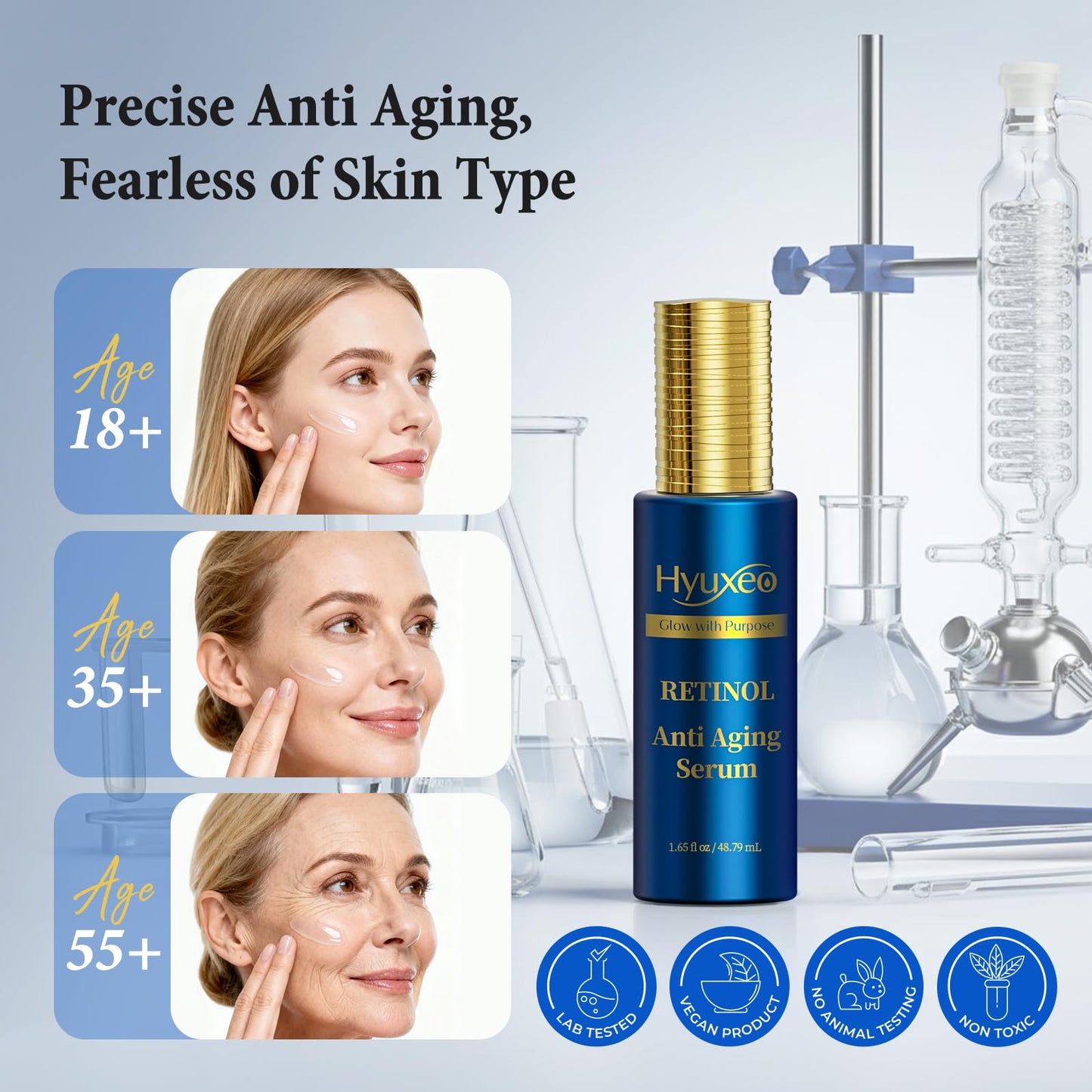 Hyuxeo Retinol Collagen Serum for Face, Anti Aging & Wrinkle Repair with Squalane - Deep Hydration Firming Formula for Fine Lines | Elasticity | Plump | Lift Skin, Day/Night Use Women/Men(1.65 Fl Oz)