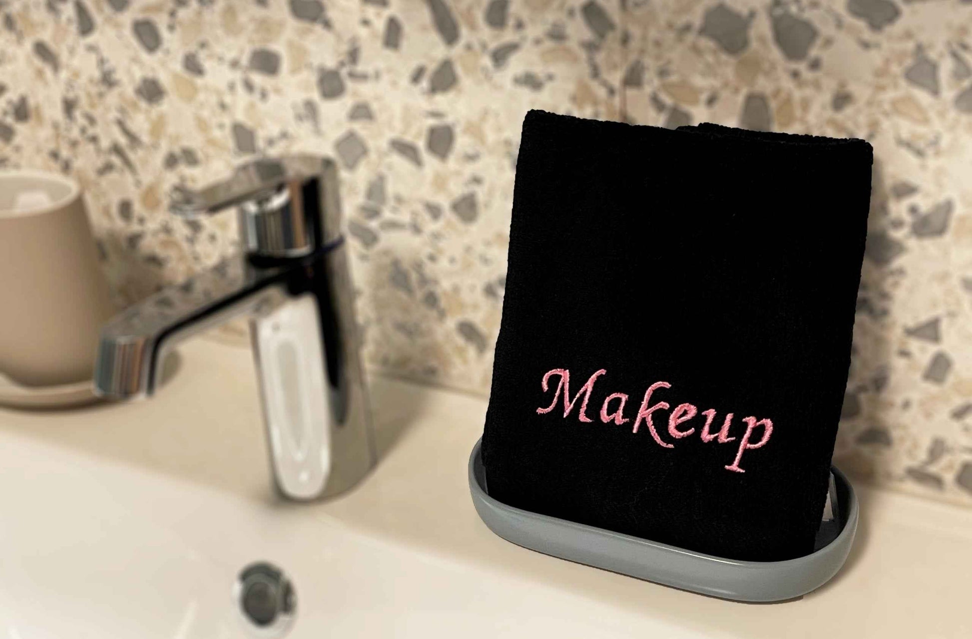 Liberty21 Makeup Embroidered Towel Set for face. 100% Soft Cotton. Facial Makeup Remover Washcloths. Reusable Face Towel Set of Four. (Black & Pink Embroidery)