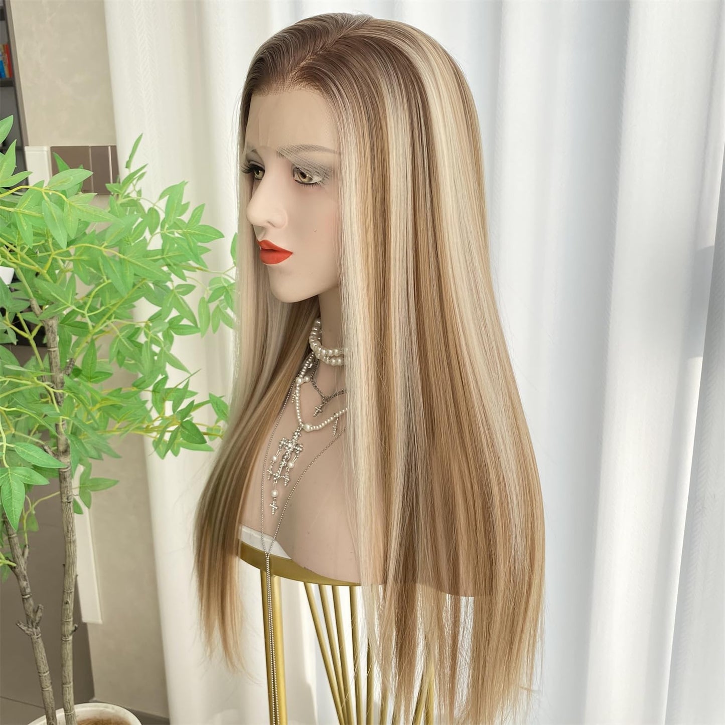 VASTCURY Light Honey Blonde Wigs Highlight Platinum Ombre Color 13x4 Synthetic Fiber Lace Front Wig Long Silky Straight 22Inch Pre Plucked Hairline for Women