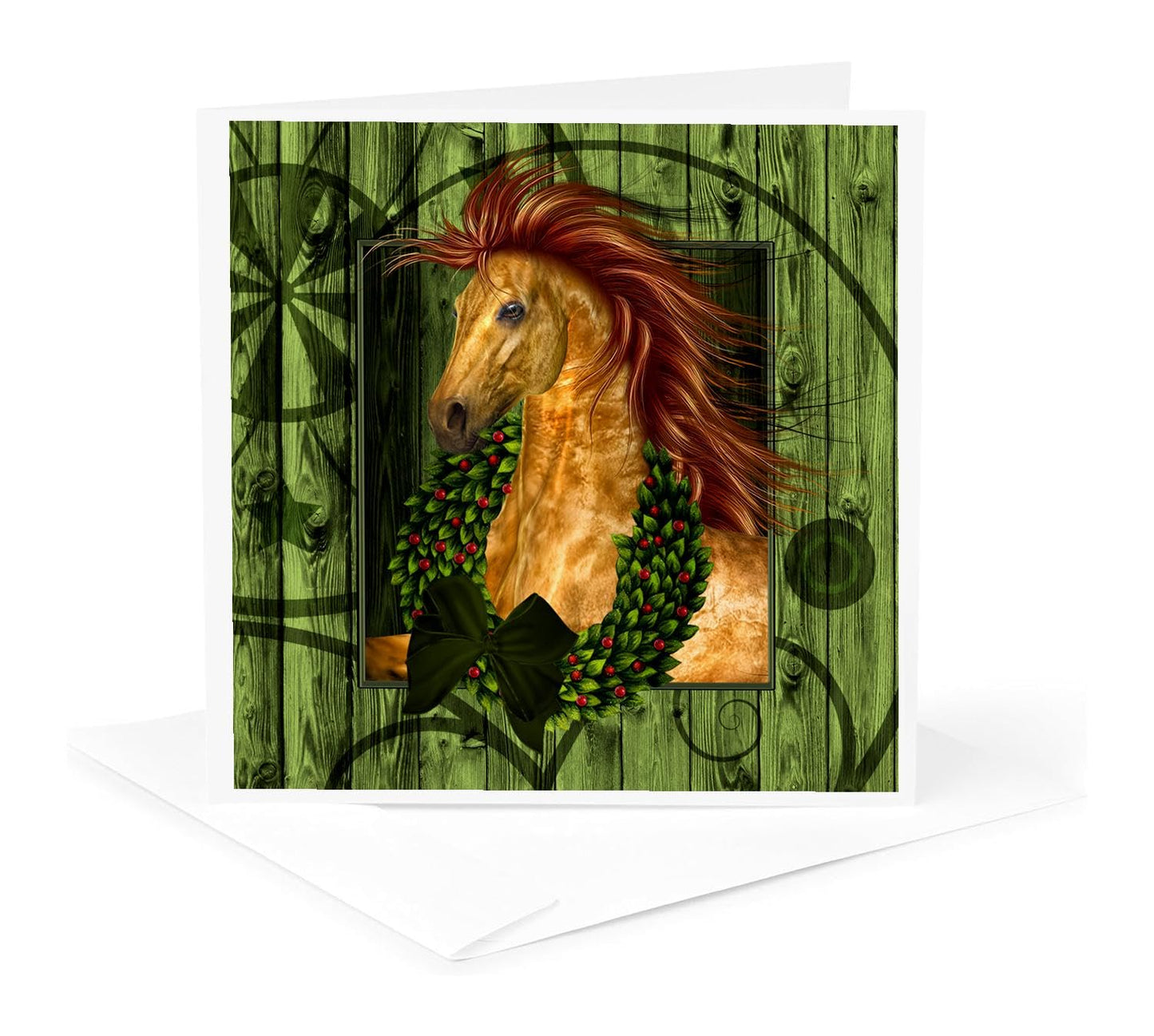 3dRose Western Christmas Horse with Wreath and Barn Wood Greeting Cards, Set of 6 (gc_164738_1)