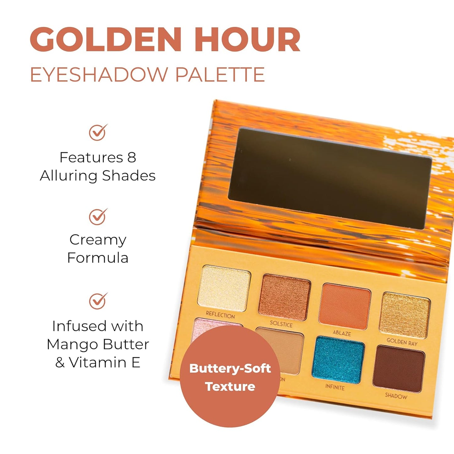 Golden Hour Eyeshadow Palette - 8 Shades with Matte & Shimmer Finishes | Infused with Mango Butter & Vitamin E, Vegan