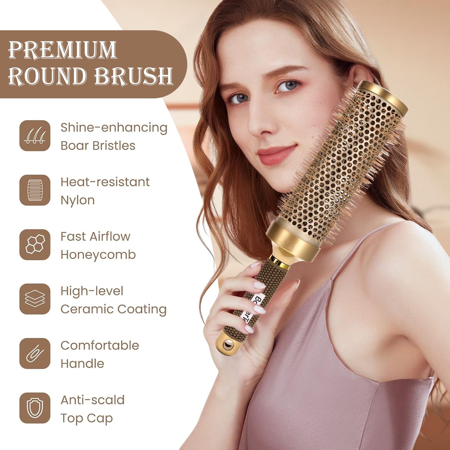 4-Piece Round Hair Brush For Blow Drying, Blow Drying & Styling Roller Brush for Blow Drying, for Women, Volume & Shine, Brown, Hair Brush for Thick Hair
