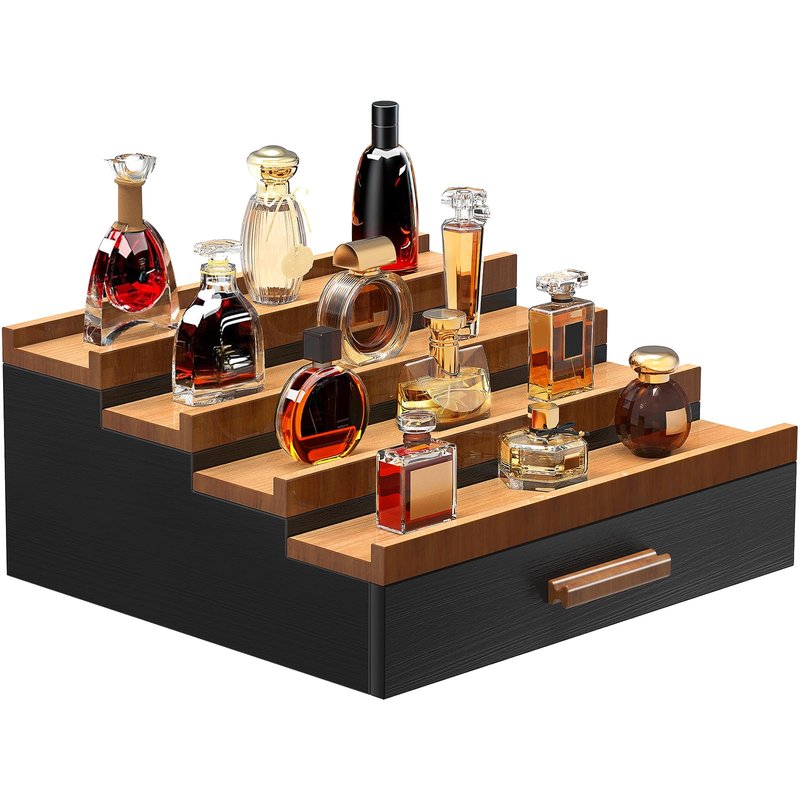 Zalida Wooden Cologne Organizer for Men 4 Tier of Perfume Display Holder of Drawer & 2 Hidden Compartments Larger Storage Space Mens Perfume Organizer Shelf Stand,Gift for Man (4T-Black Brown)