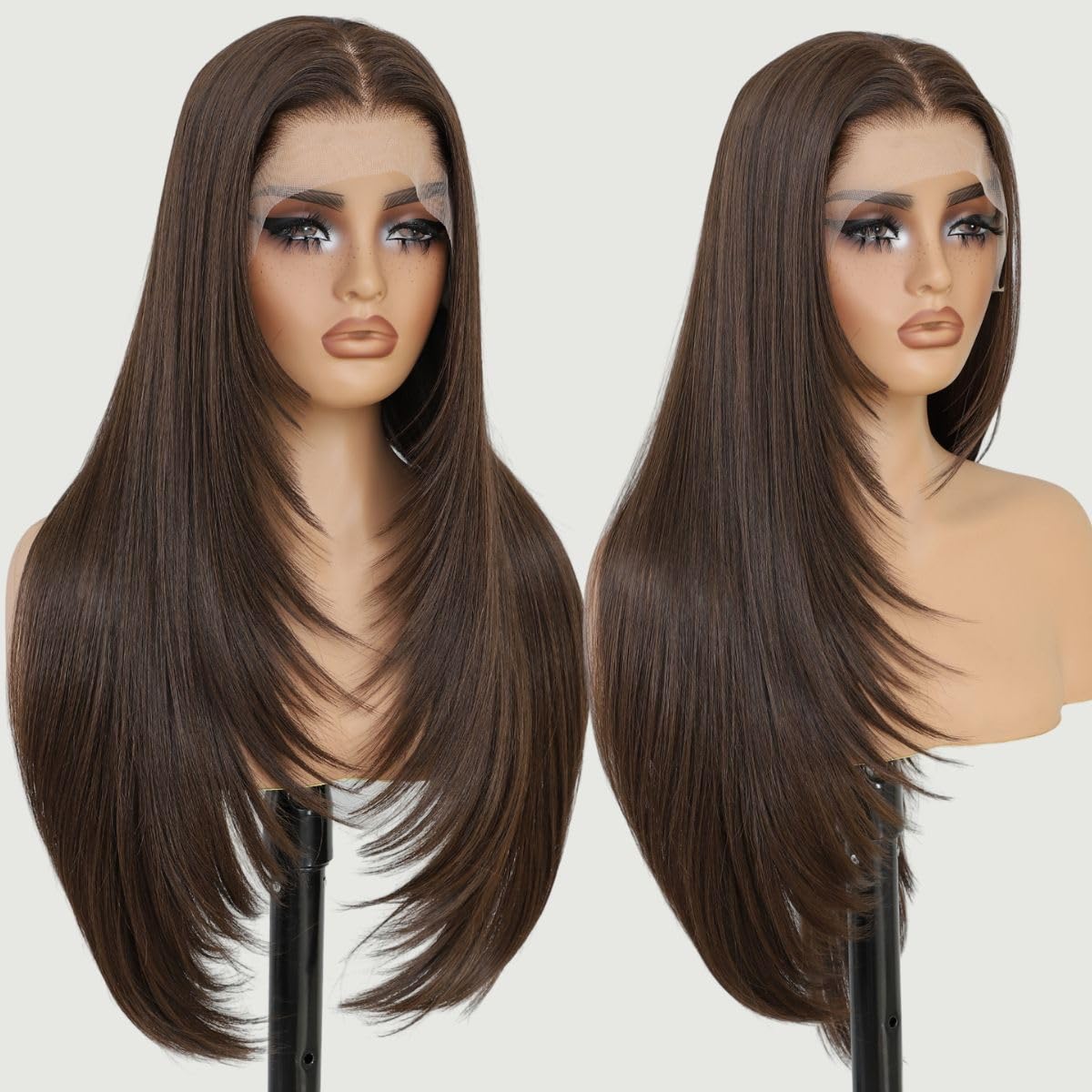 Synthetic 13x4 Lace Front Wigs Pre Plucked Chocolate Brown Straight Wigs For Women Ready to Wear Glueless Wig With Bangs Long Layered Straight Wigs 100% Futura Premium Fiber 26 Inch Beginner Friendly