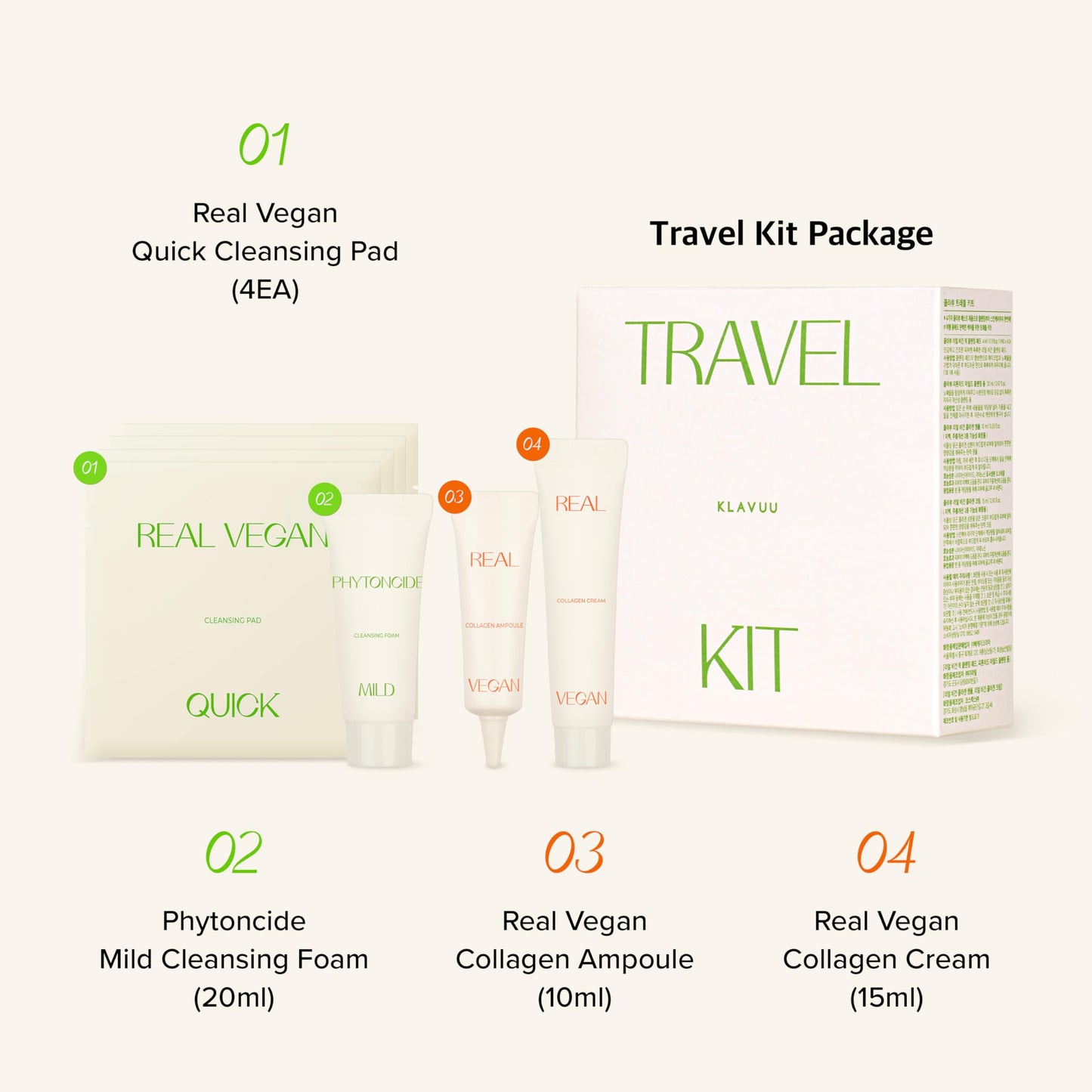 KLAVUU Travel Essential Kit, 4-Step Korean Skincare Set