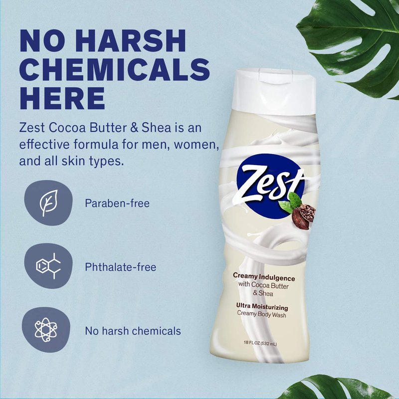 Zest Body Wash Cocoa Butter & Shea Moisturizing 18 Ounce (Pack of 6)
