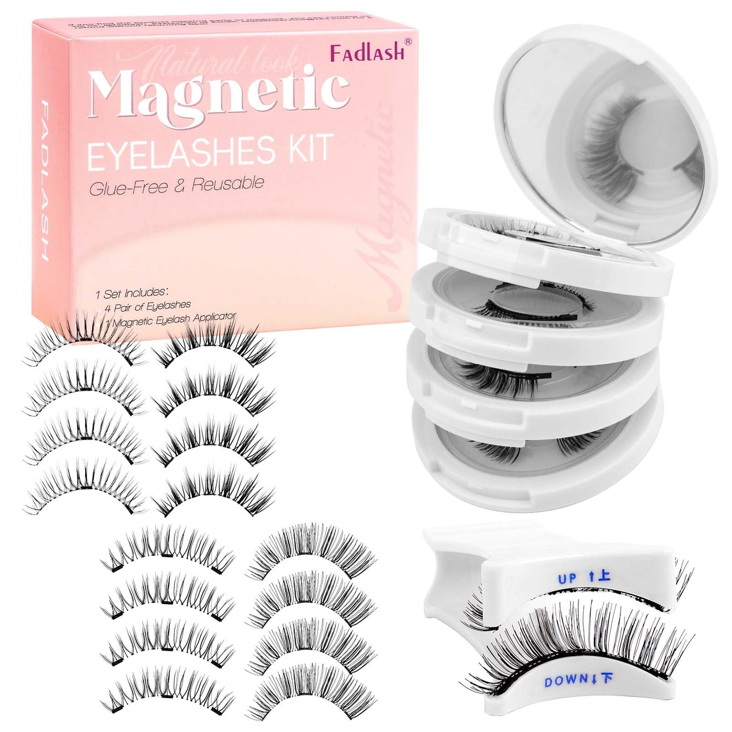 FADLASH Magnetic Eyelashes with Applicator 4 Pairs Magnetic Lashes Reusable Magnetic Eye Lashes Kit Natural Look False Eyelashes (079+604+806+B7)