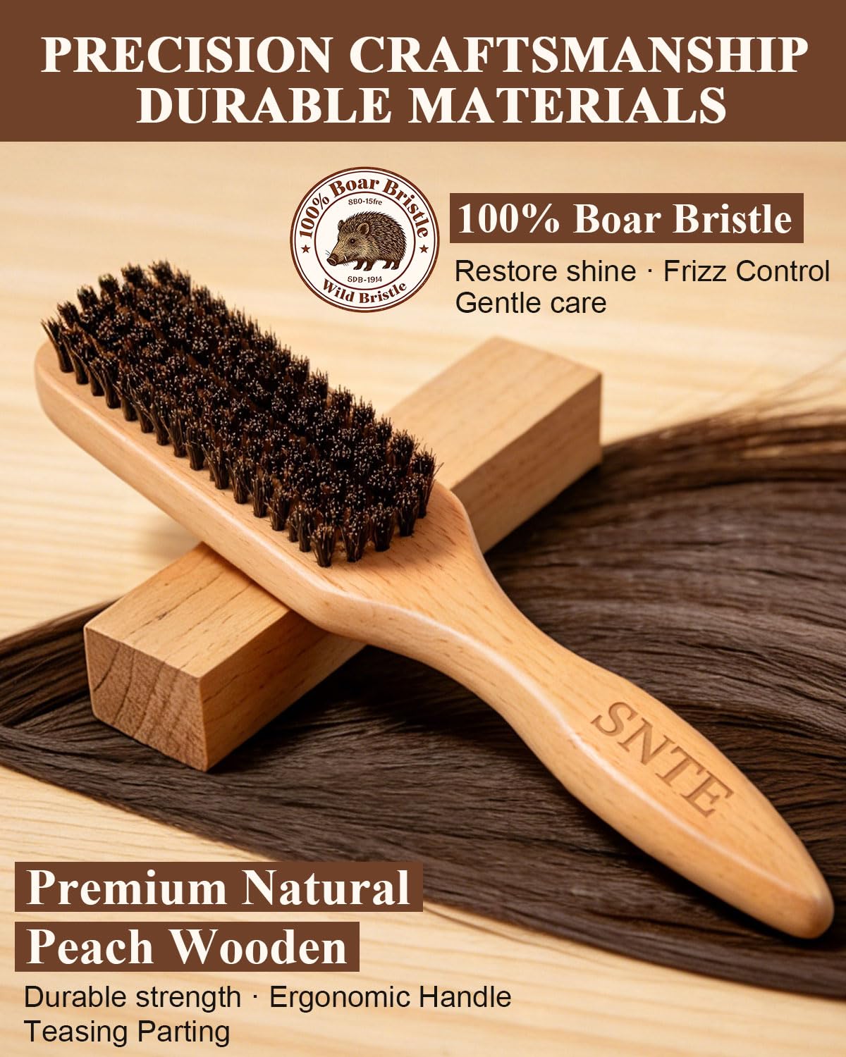 100% Boar Bristle Slick Back Hair Brush | Natural Peach Wood Handle | Restores Shine, Controls Frizz, Smooths Flyaways | Teasing Adds Volume Styling Tool | For Sleek Ponytails, Buns & Beard Grooming
