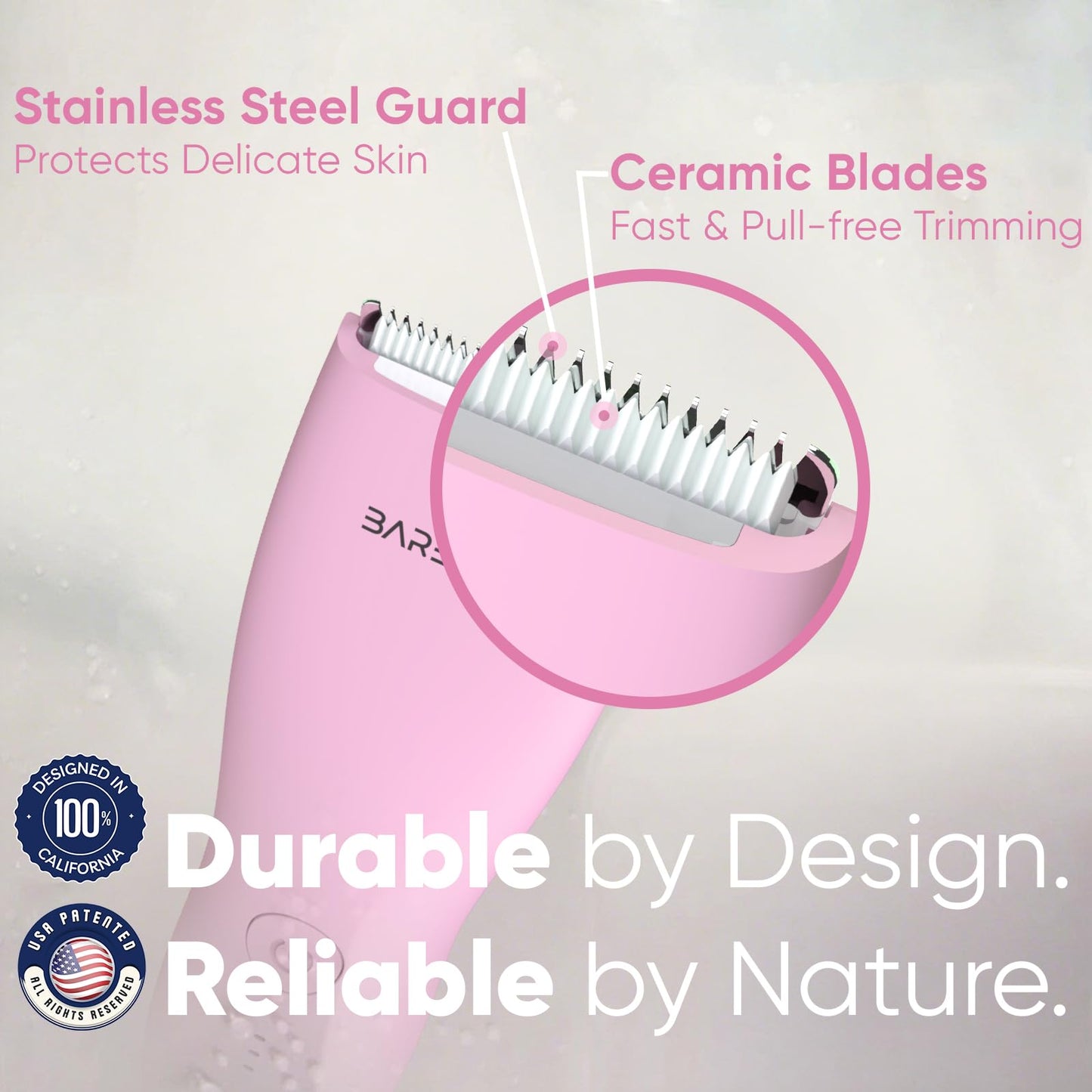 BAREWIZE Bikini Trimmer for Women, Pubic Hair Trimmer | Waterproof, USB-C Rechargeable, LED Light, Replaceable Blade | Electric Razors for Women, Electric Lady Shaver (Blush Pink)