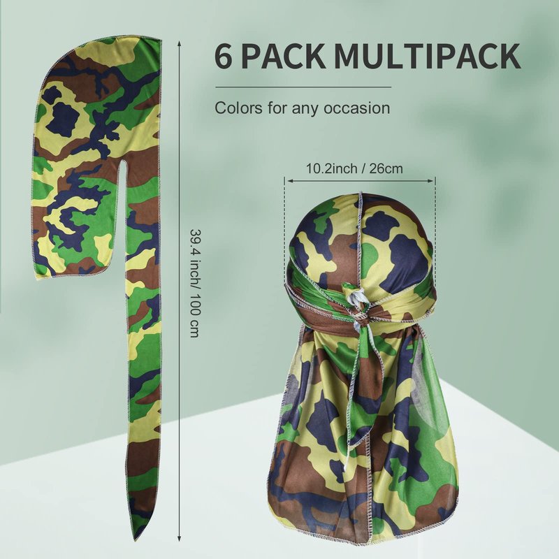Tarpop 6 Pcs Camo Durag for Men Silky 360 Waves, Colorful Camo Durag Design Du Rag Cap for Men and Women Hip Hop Rapper