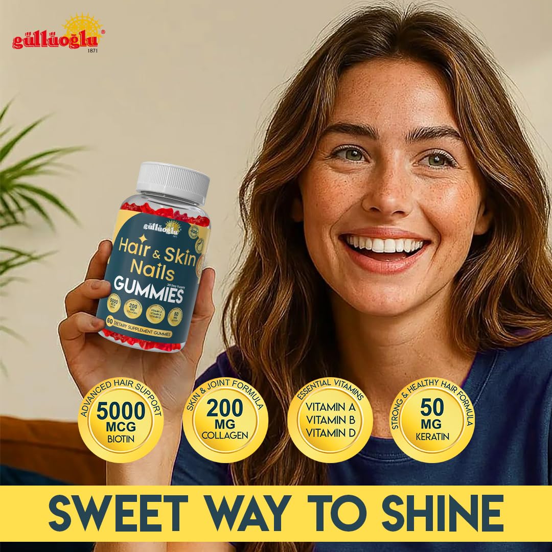 GÜLLÜOGLU Hair, Skin & Nails Gummies Sugar-Free – Biotin 5000 mcg, Collagen 200 mg & Keratin 50 mg –Vitamins A, C, D, E – Gluten-Free, Non-GMO, for Men and Women 60 Strawberry Flavor Gummies