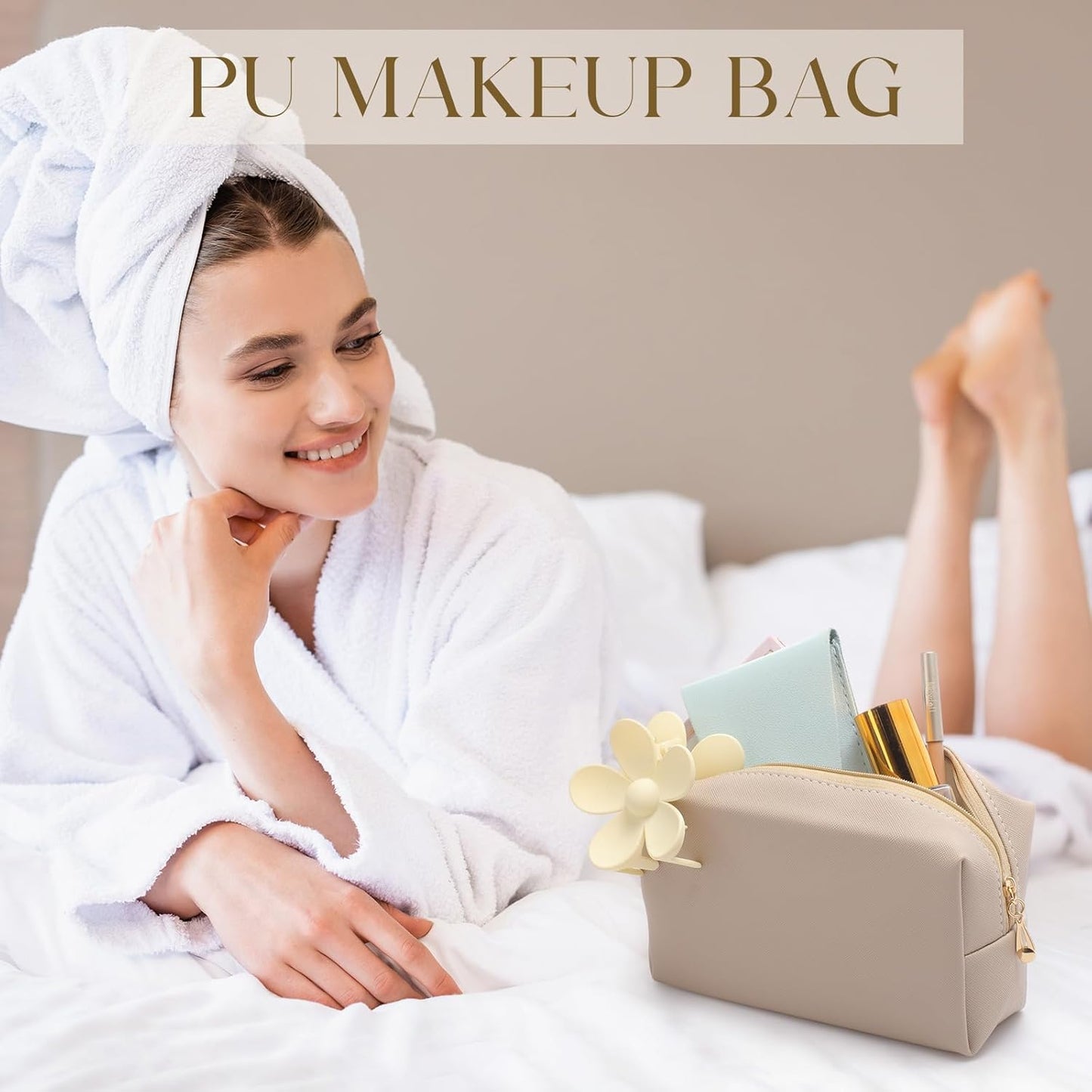 Aesthetic Makeup Bags - PU Leather Waterproof Cosmetic Pouches for Women | Travel Organizer (Nude, 7.1 x 2.8 x 4.3 in)