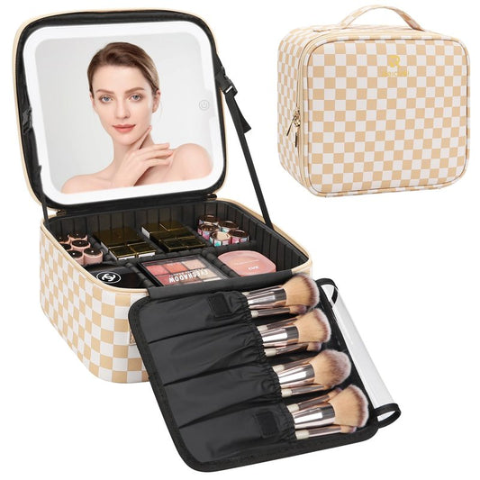 Relavel Travel Makeup Bag With LED Mirror, Cosmetic Train Case with Light up Mirror, Portable Makeup Artist Organizer Bag with Adjustable Dividers, Makeup Brush Holder Storage, Plaid