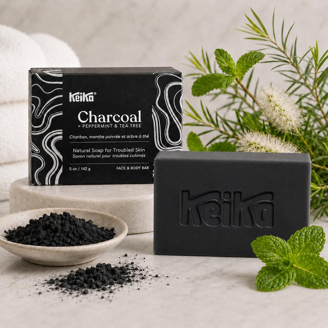 Keika Charcoal Black Soap Bar for Eczema, Psoriasis, Face, Body, Men Women Teens with Oily Skin, 5 oz. (Charcoal, 4-Pack)