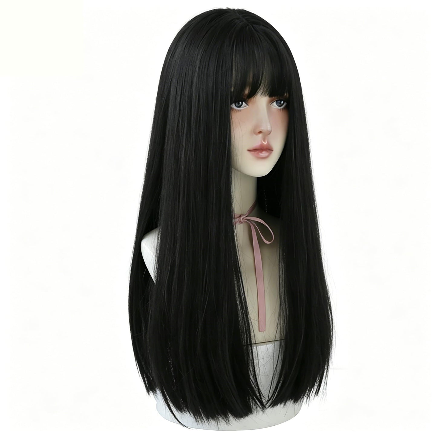 HUAISU 22 Inch Long Black High Density Synthetic Straight Hair Wig with Bangs Natural Looking Wig for Women