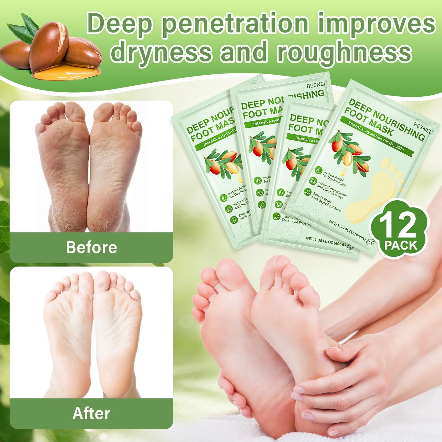 BESNEL 12Pack Moisturizing＆8Pack Foot Peeling Foot Mask, Teacher Appreciation Gifts, Hydrating Foot Masks Dry Cracked Feet,Soothing Moisturizer Socks Repair Rough Heels＆Baby Soft Feet(20p)