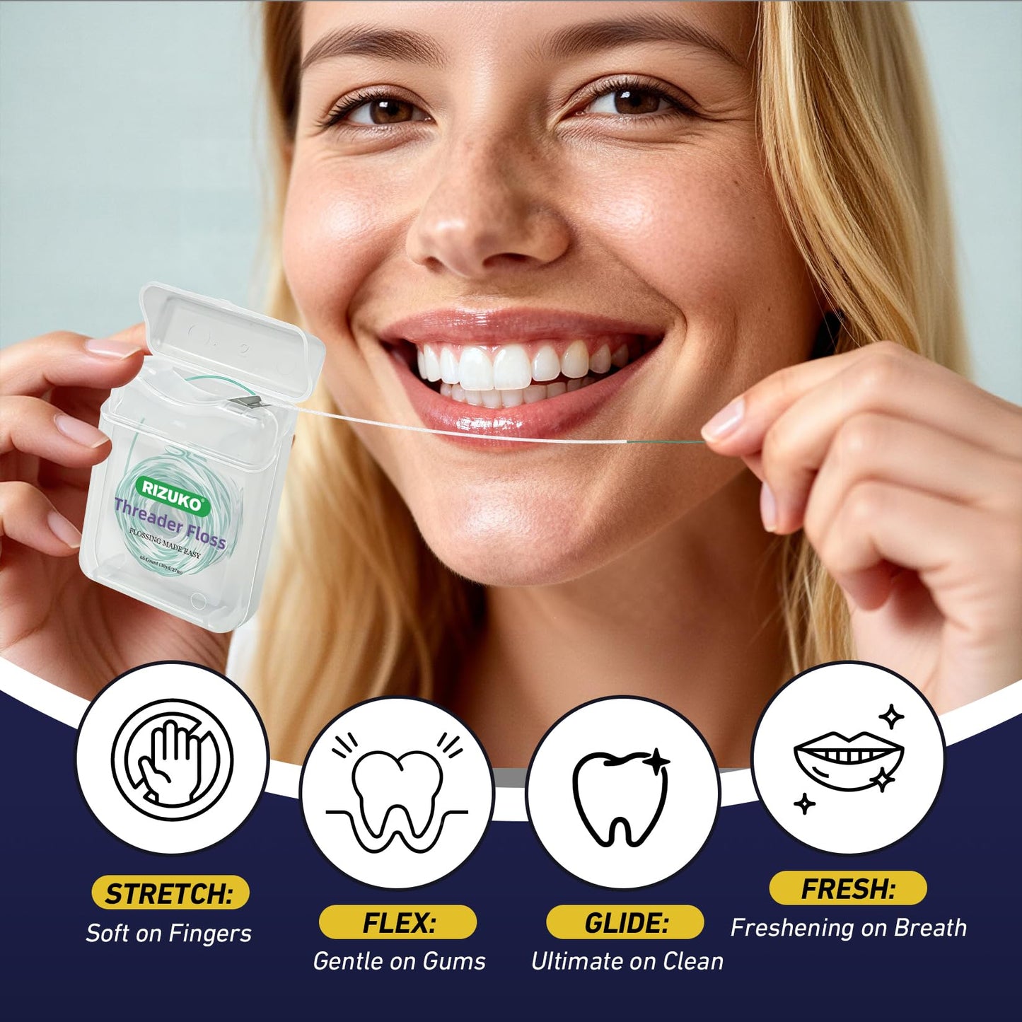Threader Floss,2-in-1 Dental Floss for Braces, Bridges & Implants,Easy Threading Design,130 Count PTFE & PFAS Free Expanding Floss for Deep Cleaning (65 Count(Pack of 2), Light Mint)