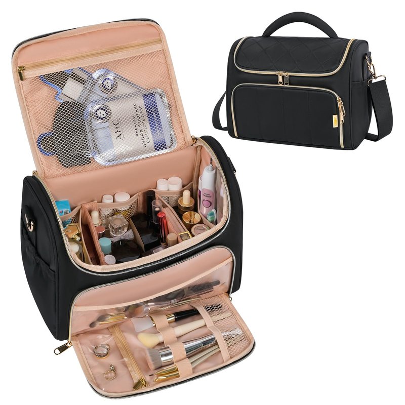 GR69N Travel Makeup Bag Large Capacity Cosmetic Organizer Bag for Women,Flat-Opening Make Up Case Travel Bag Waterproof Toiletry Bag for traveling,Toiletries,Essentials,Accessories,Black