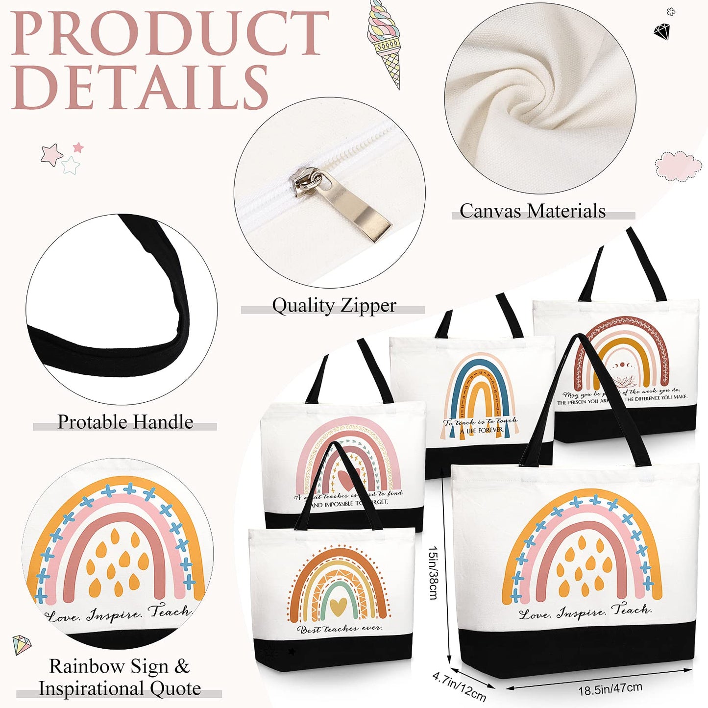 Paterr 20 Pcs Teacher Appreciation Gifts Bulk Teacher Tote Bags with Makeup Bags End of Year Gifts for Women Mom(Classic Styles)