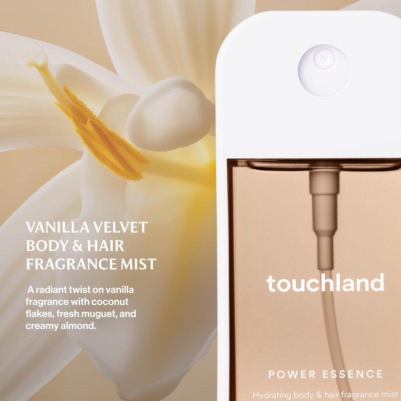 Touchland Hydrating Body & Hair Fragrance Mist – Vanilla Velvet – 2 FL OZ Travel Size Perfume Spray – Notes of Vanilla Vapor, Fresh Muguet, and Creamy Almond