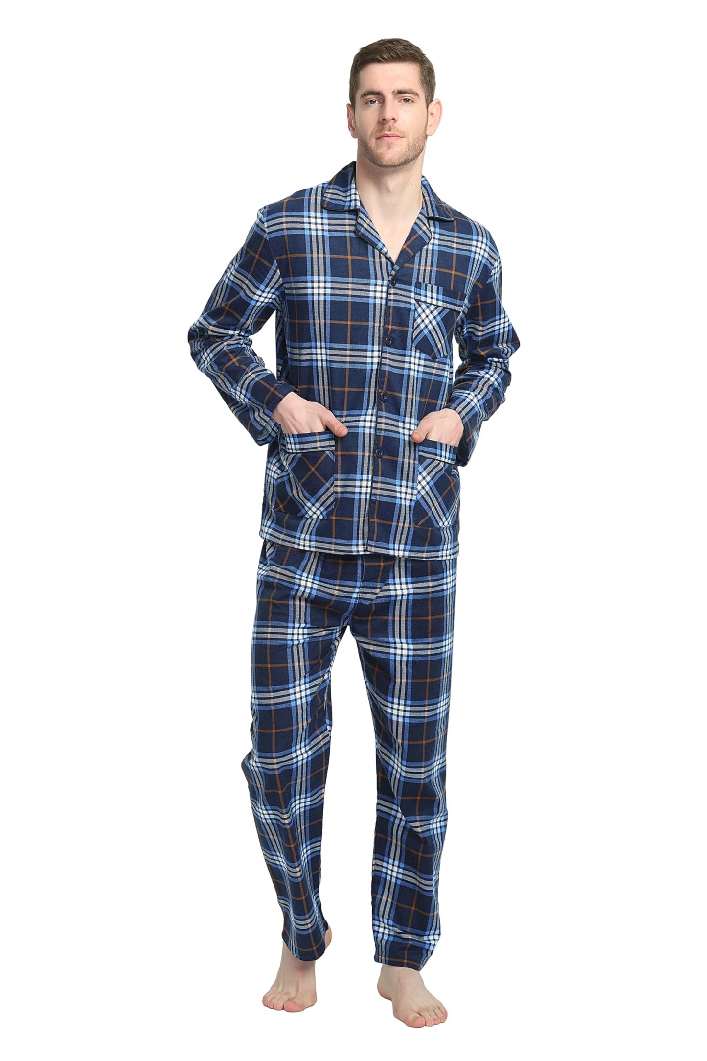 GLOBAL Men's Pajamas Sets 100% Cotton Flannel Sleepwear Long-Sleeve top & Bottom