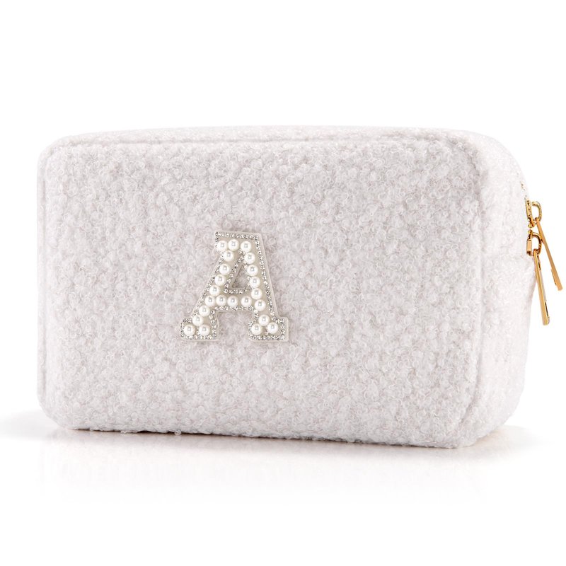 Anforsun Personalized Initial Travel Makeup Bag, Makeup Bag Travel Cosmetic Bag, Sherpa Teddy Pearl Letters A